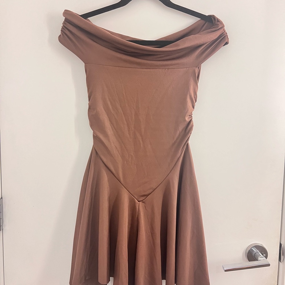 Elegant Tan Off-Shoulder Dress